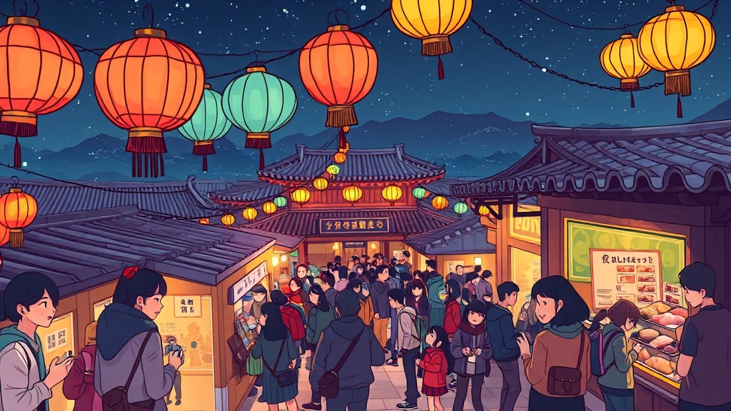 먹거리, 야시장, 주변 관광 (cartoon 스타일)