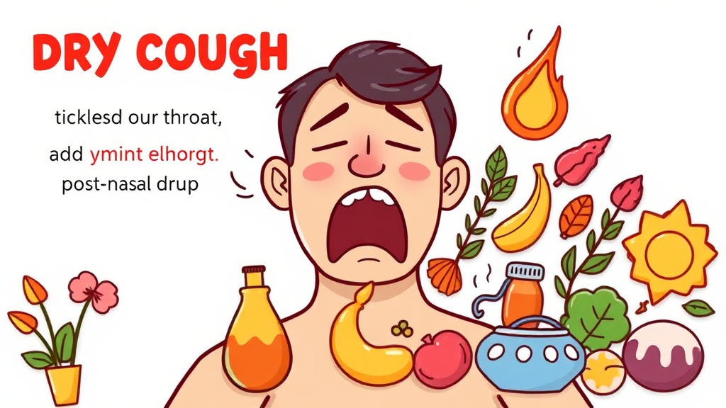 목을 괴롭히는 마른 기침의 다양한 원인 (cartoon 스타일)