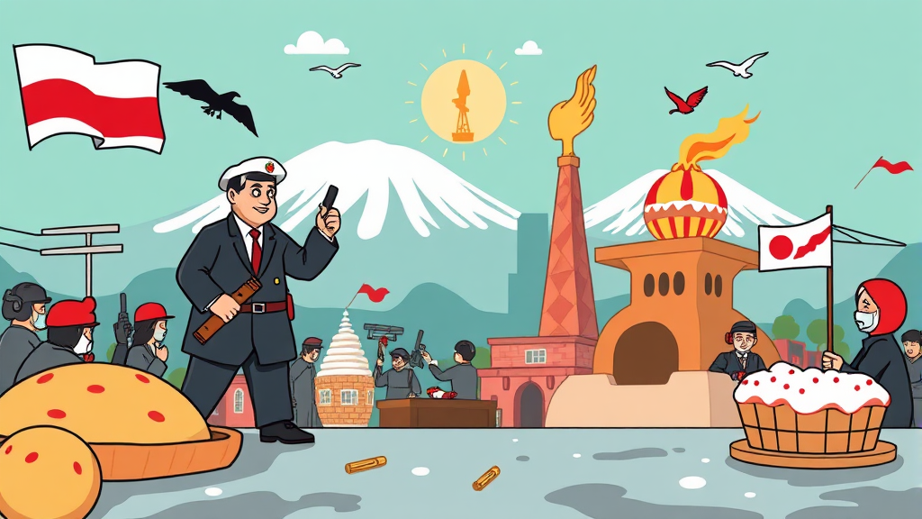 국제 정세: 러시아 도발과 중동 불안 (cartoon 스타일)