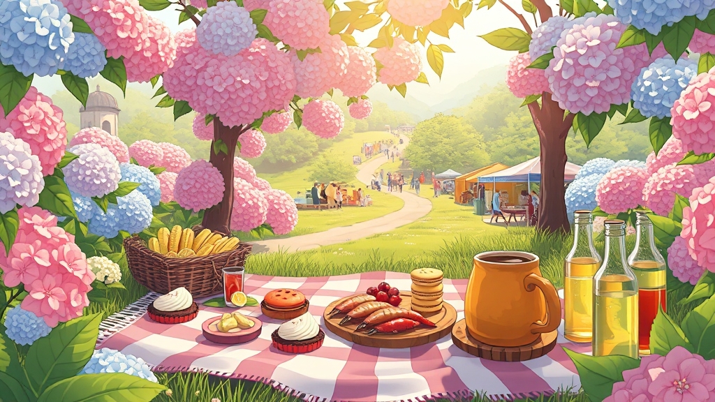 2025년 6월 수국 축제 베스트 명소와 체험 프로그램 총정리 5 축제 현장에서 즐기는 먹거리 (cartoon 스타일)