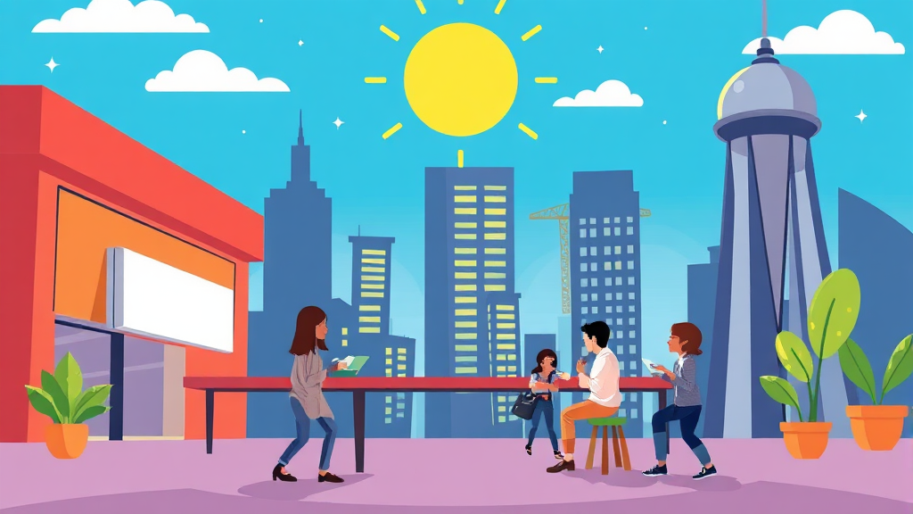 다양한 사업 분야를 아우르는 폭넓은 교육 프로그램 (cartoon 스타일)