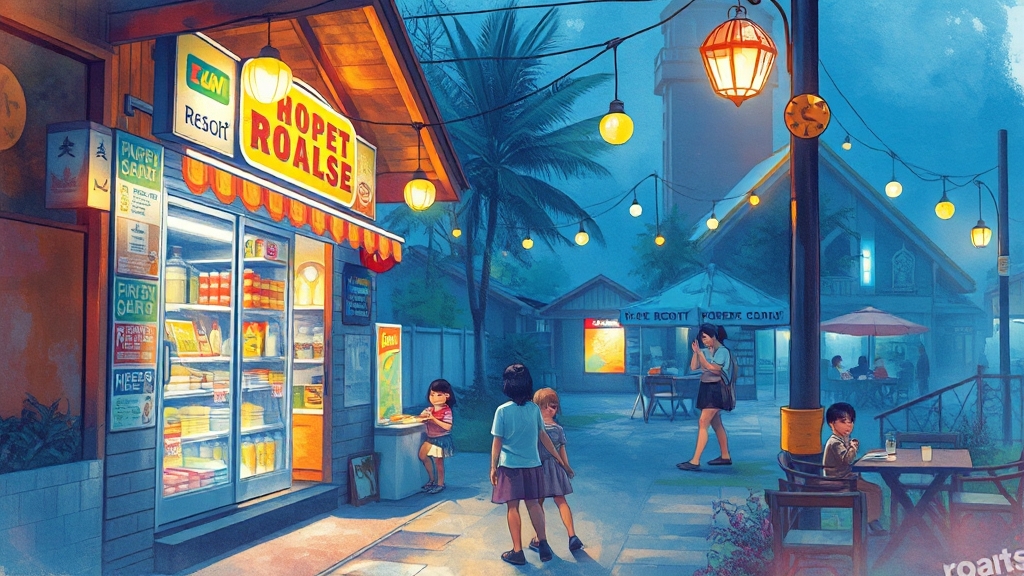 부대시설: 편의점, 식당, 놀이터 (watercolor 스타일)