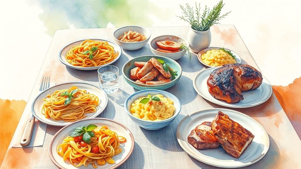 런치 타임 공략 & 메뉴 추천 (watercolor 스타일)