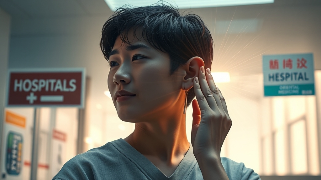 이명 치료 비교: 병원 vs 한의원 (realistic 스타일)