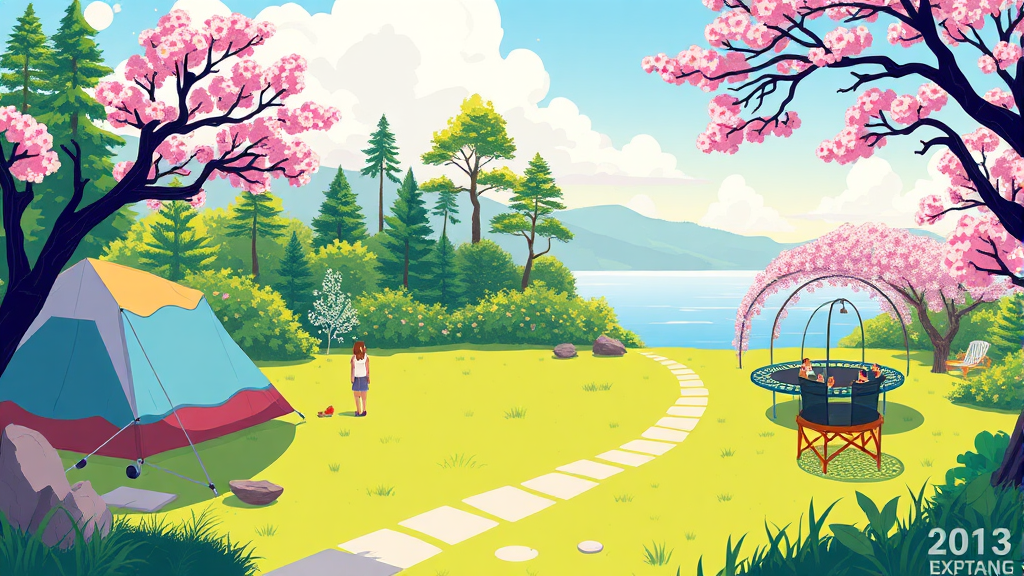 캠핑장 편의시설 및 주변 즐길 거리 (illustration 스타일)