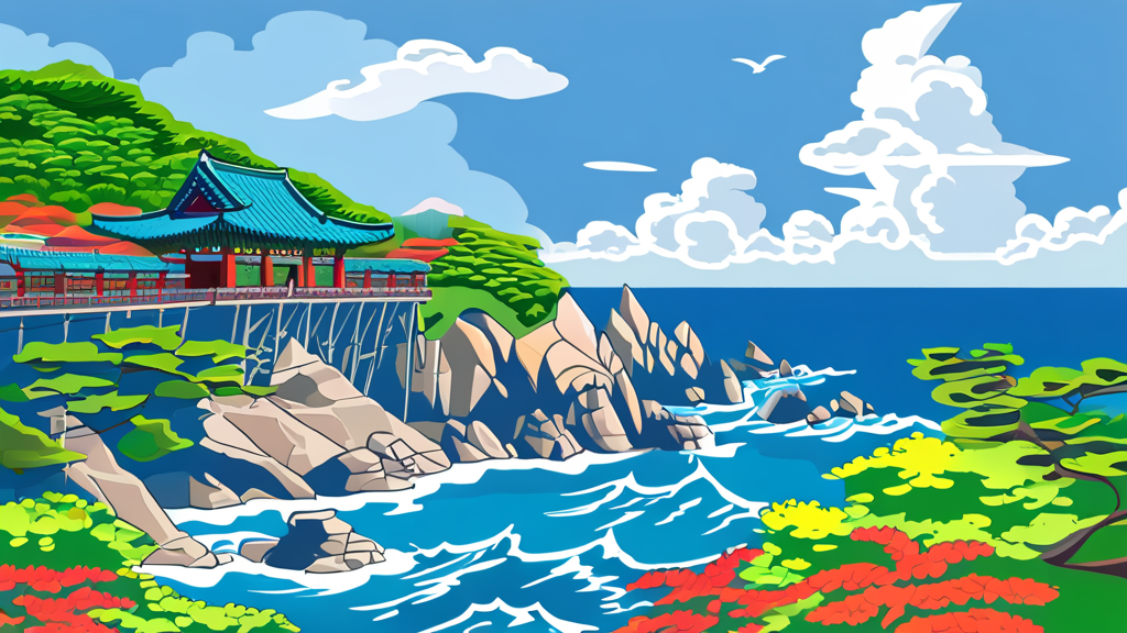 해동용궁사, 파도 소리와 함께하는 소원 빌기 (cartoon 스타일)
