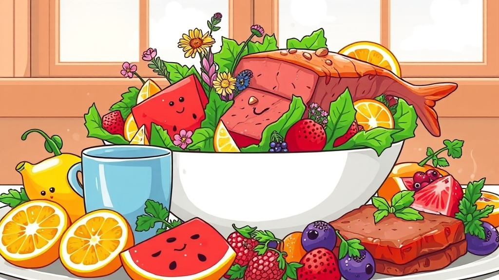 샐러드부터 음료까지 활용 (cartoon 스타일)