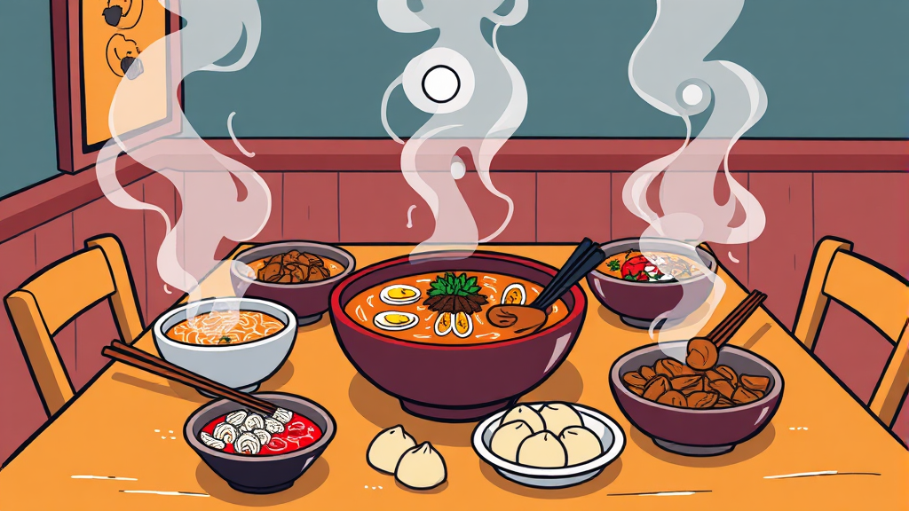 라면, 닭강정, 만두 메뉴 탐구 (cartoon 스타일)