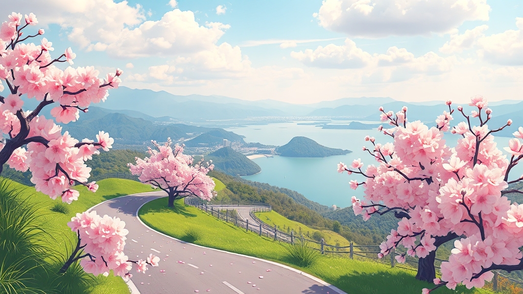 충주호 주변, 자연 속 힐링 명소 (cartoon 스타일)