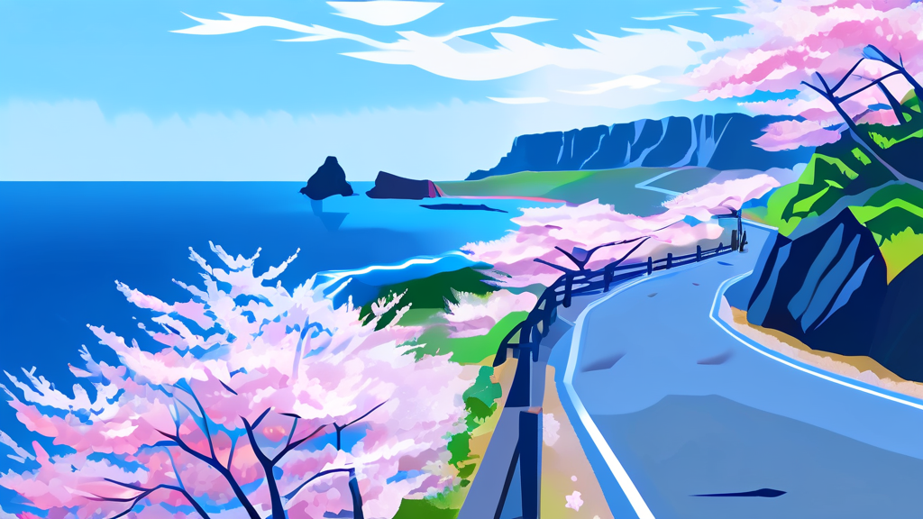 제주 벚꽃 드라이브 코스 추천: 흩날리는 꽃잎과 함께하는 드라이브 (illustration 스타일)