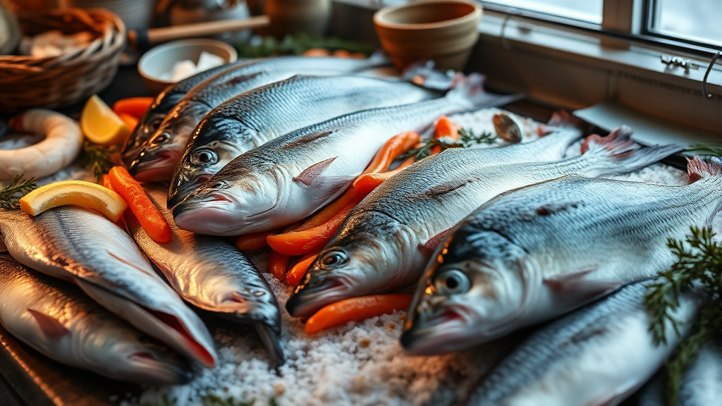 겨울 바다의 보석: 2월에 맛봐야 할 신선한 생선 (realistic 스타일)