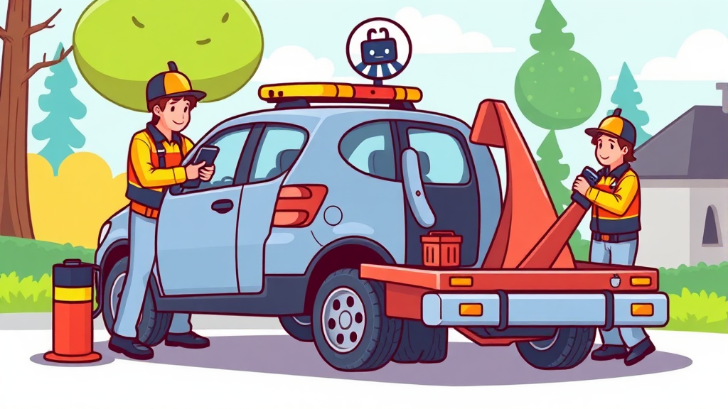 긴급출동 서비스, 어떤 항목들을 이용할 수 있나요? (배터리, 타이어, 잠금장치 등) (cartoon 스타일)