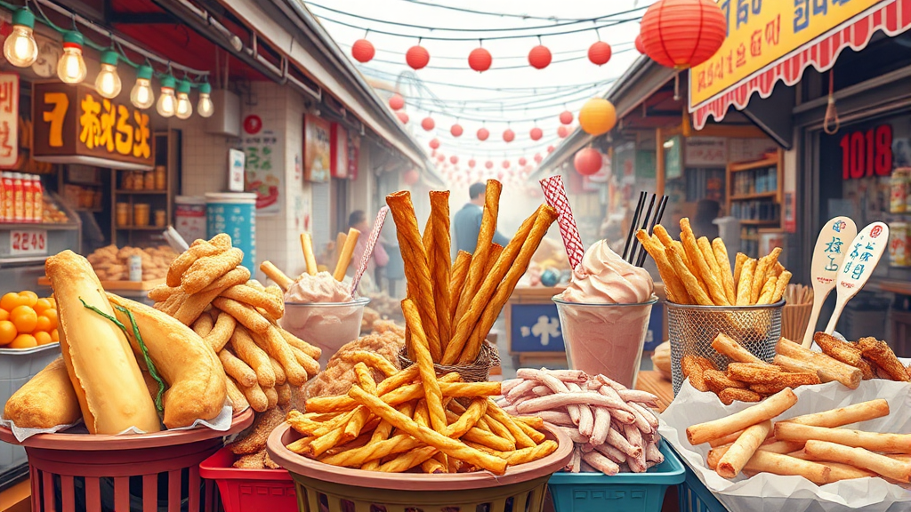 속초 중앙시장 대표 메뉴: 닭강정부터 튀김까지 (realistic 스타일)