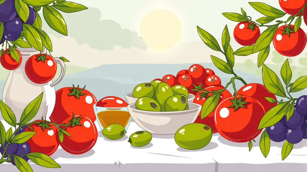 올리브와 토마토: 건강을 위한 완벽한 조합 (cartoon 스타일)