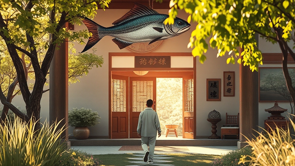 현관 풍수와 액막이 명태 (realistic 스타일)