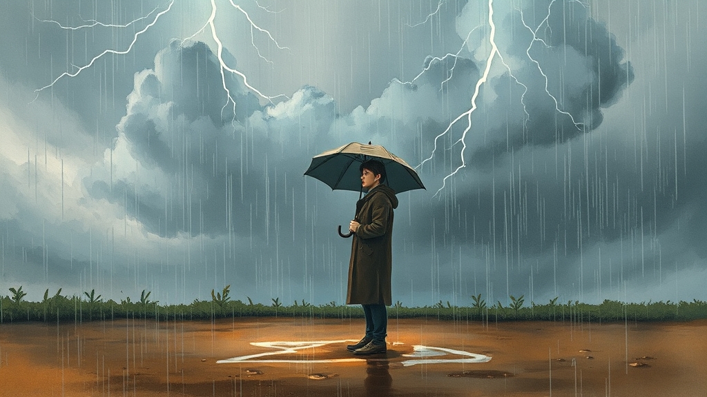 오늘 날씨: 뇌우 주의, 안전 유의 (watercolor 스타일)