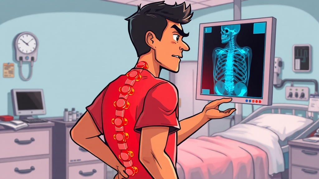 척추압박골절 주요 증상 (cartoon 스타일)