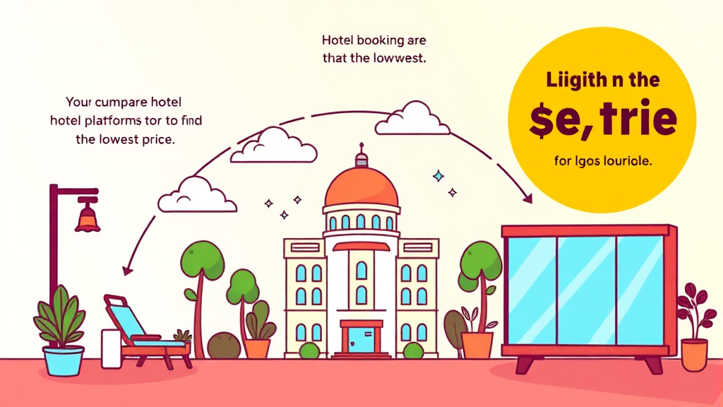 메타서치 엔진부터 OTA까지: 호텔 가격 비교 전략 (cartoon 스타일)