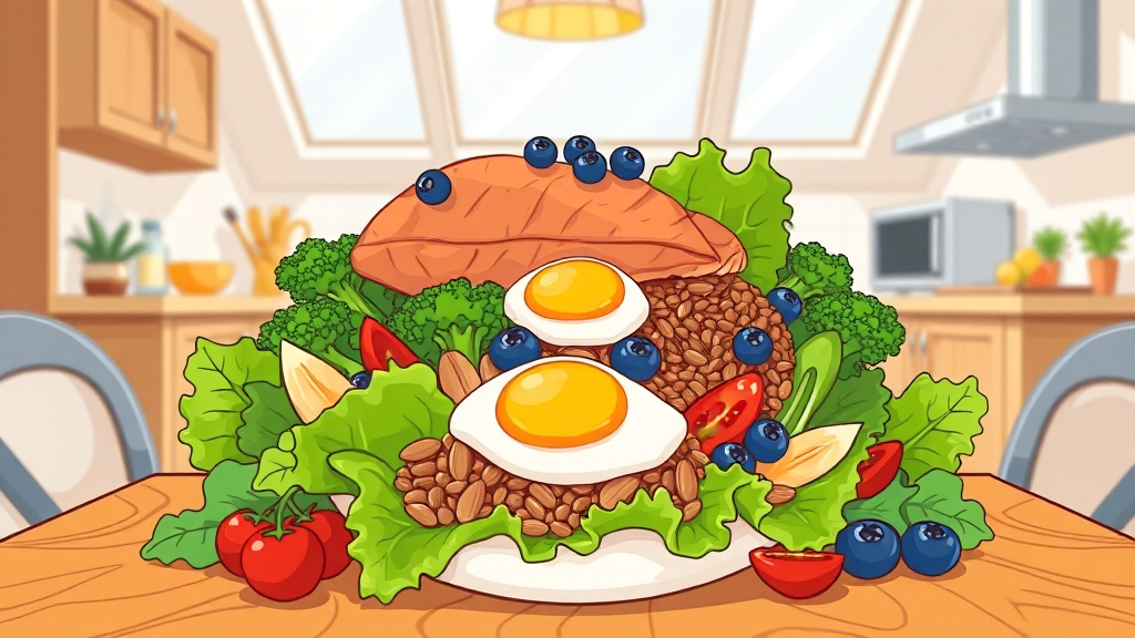 고단백 저칼로리 식단 구성 팁 (cartoon 스타일)