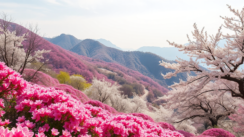 진달래와 벚꽃의 향연: 여수 영취산, 진해 군항제 (realistic 스타일)