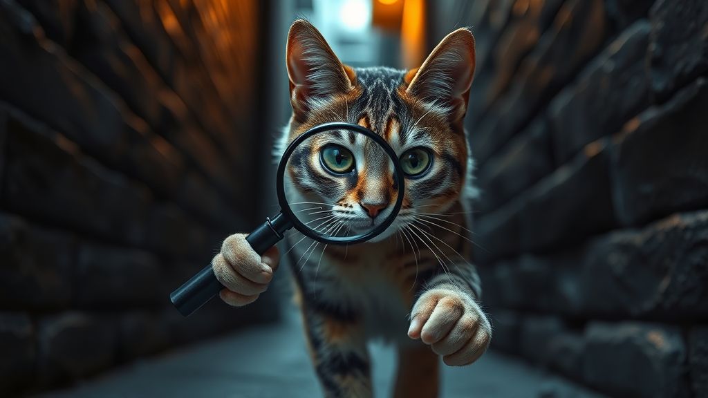 고양이 탐정 서비스, 궁금증 해결! (realistic 스타일)