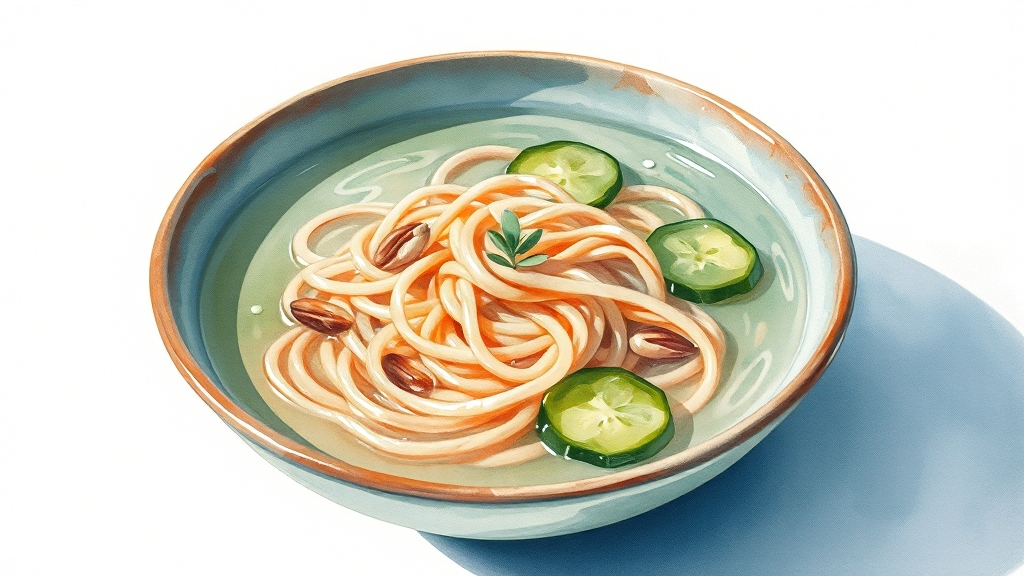 여름철 소화에 좋은 냉면 (watercolor 스타일)