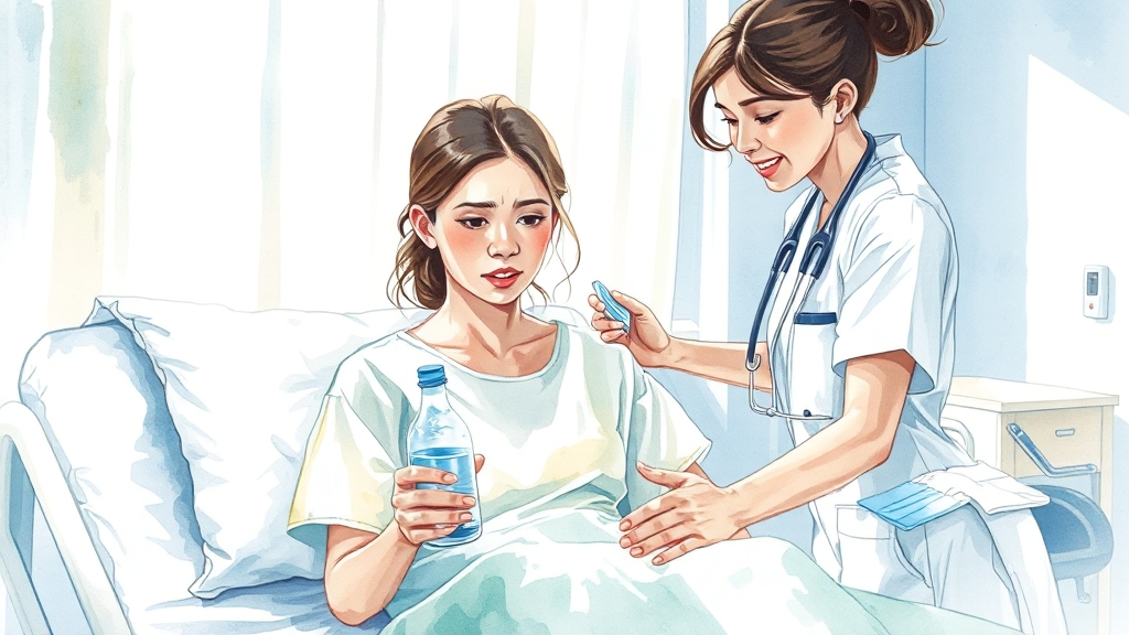 식중독 발생 시 응급 조치 (watercolor 스타일)