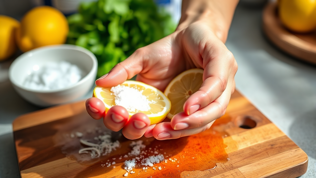 안전한 주방을 위한 나무 도마 세척법 (realistic 스타일)