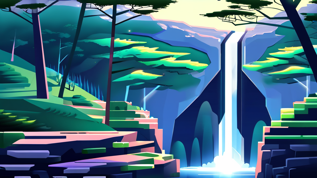 배봉산 복합공원의 특별한 경험: 미디어파사드와 숲속 폭포 (illustration 스타일)