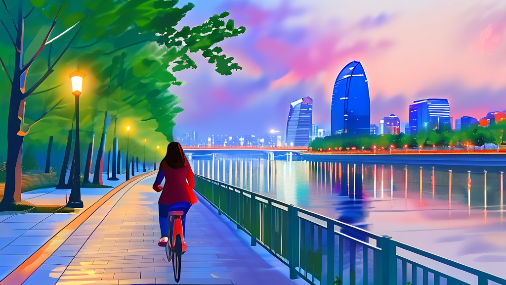 한강 야경 라이딩 코스 추천: 영화 같은 서울의 밤을 만끽하는 길 (watercolor 스타일)