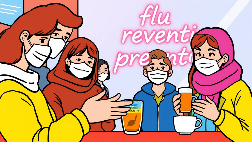 독감 예방 및 증상 완화 방법 (cartoon 스타일)