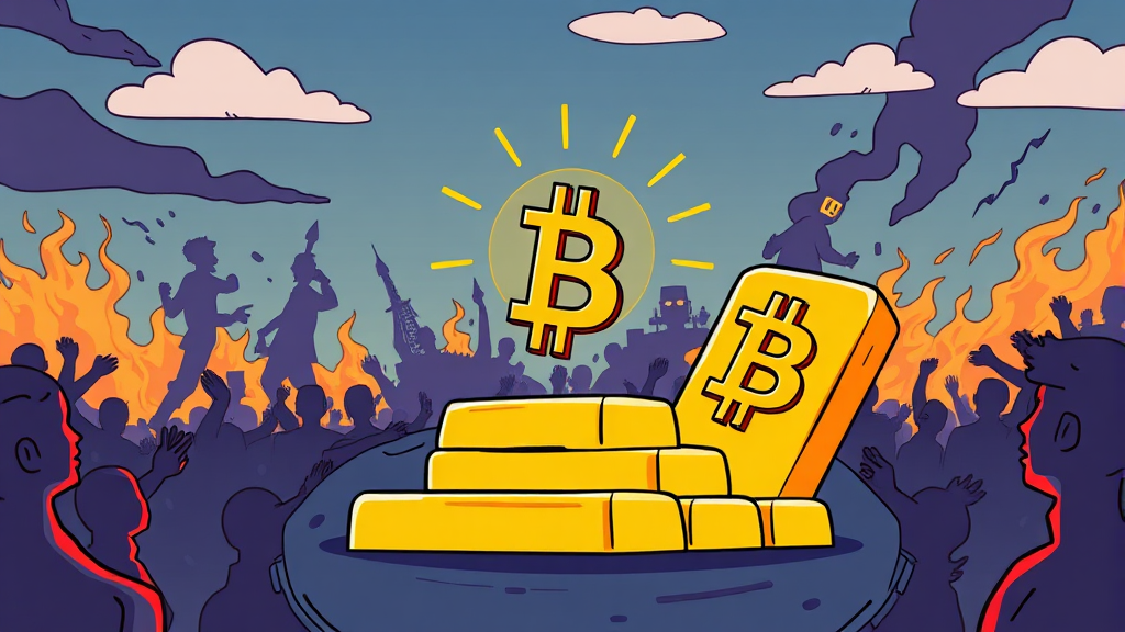 비트코인 9천만원 시대: '디지털 금'의 위상과 금값 비교 분석 8 금과 비트코인, 위기 속에서 빛나는 자산의 역할 (cartoon 스타일)