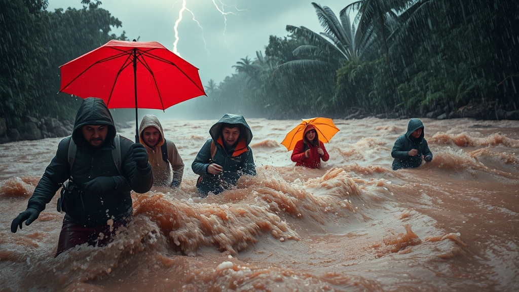 폭우 속 물놀이, 얼마나 위험할까요? (realistic 스타일)