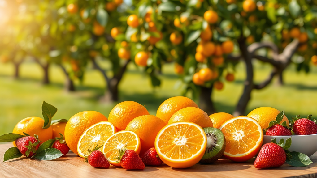 통풍에 좋은 음식: 비타민 C 풍부한 과일 (realistic 스타일)