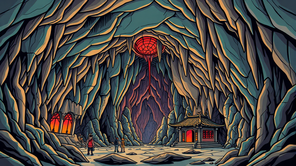 성류굴 내부: 종유석과 석순의 향연 (cartoon 스타일)