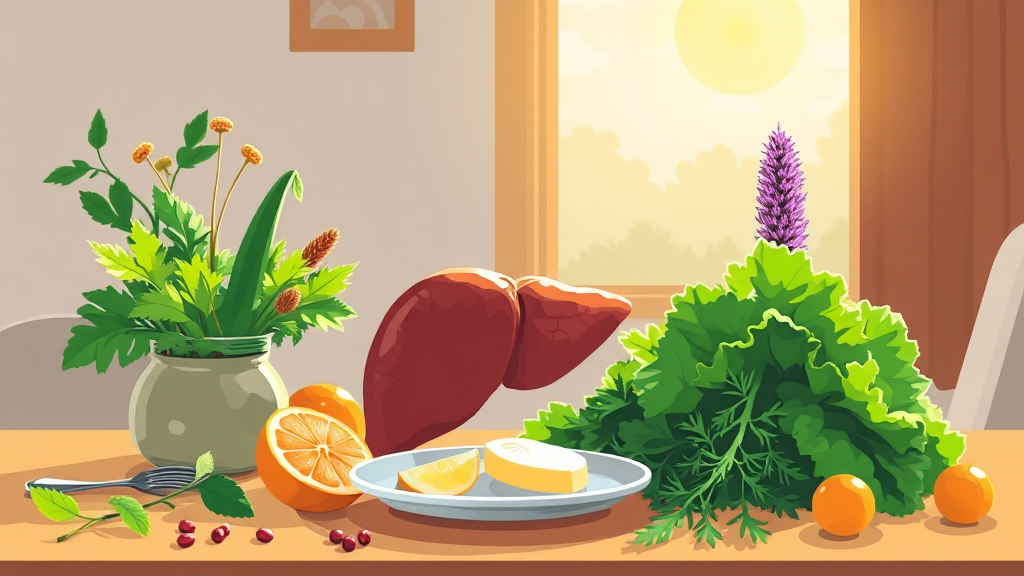 간 건강에 도움이 되는 식품과 영양제 (illustration 스타일)