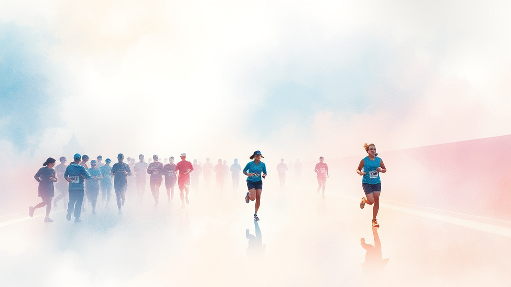 다채로운 참가 코스 정보 (풀, 하프, 10km, 5km) (watercolor 스타일)