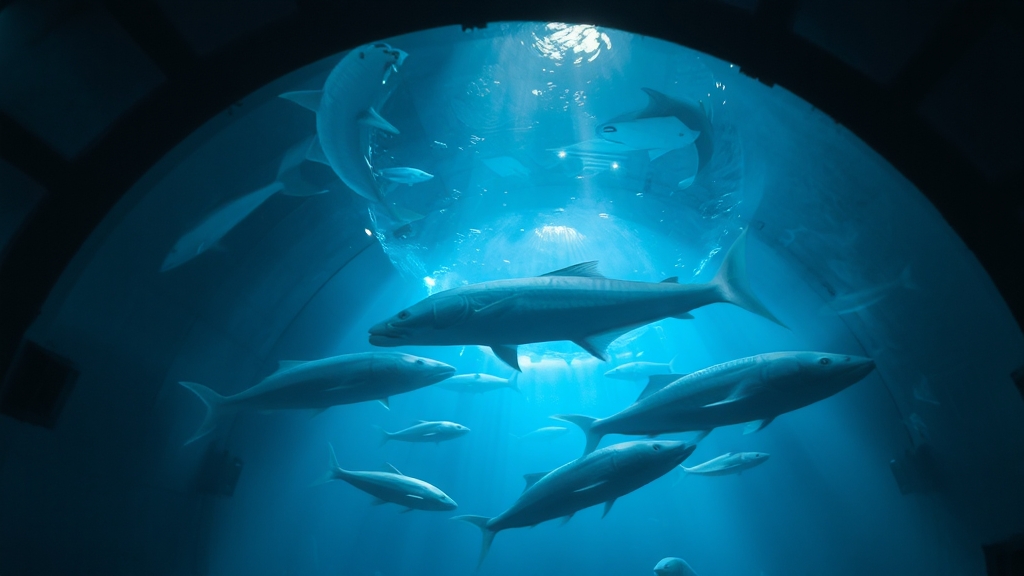 주요 전시 공간 및 어종 (watercolor 스타일)