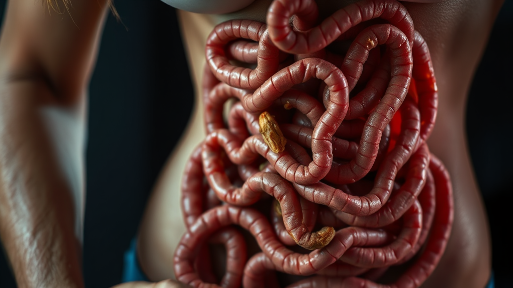 장이 꼬이는 느낌, 주요 원인은? (realistic 스타일)