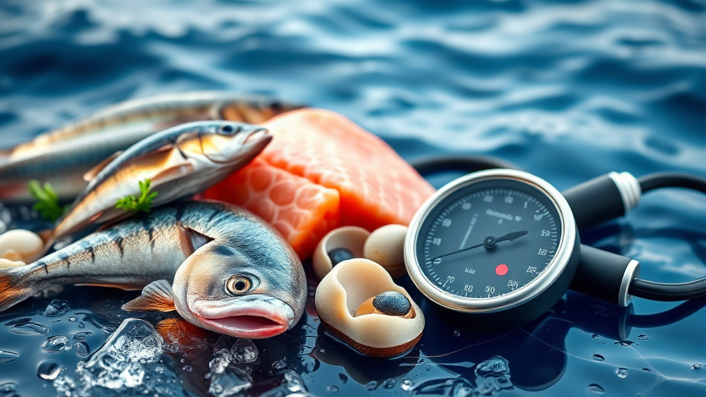 혈압 낮추는 음식: 생선 및 해산물 (realistic 스타일)