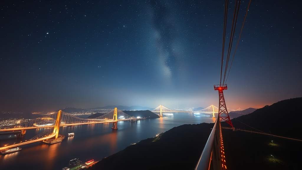 목포 해상케이블카 야경: 밤에 더욱 빛나는 도시의 불빛 (realistic 스타일)