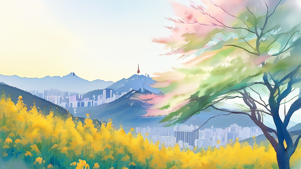 응봉산 개나리 시즌, 방문객을 위한 필수 팁 (watercolor 스타일)