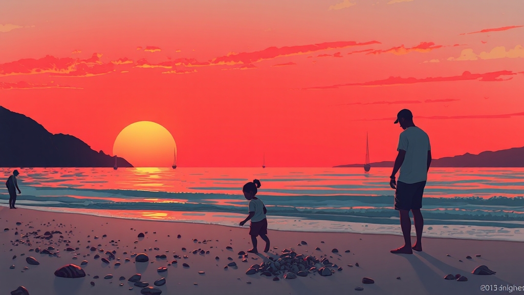 내치해변 즐기기: 해수욕, 조개껍데기 줍기, 사진 촬영 (illustration 스타일)