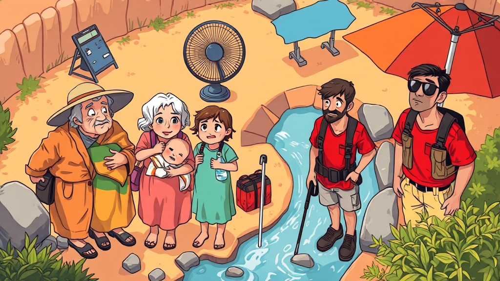 온열질환 고위험군 집중 관리 (cartoon 스타일)