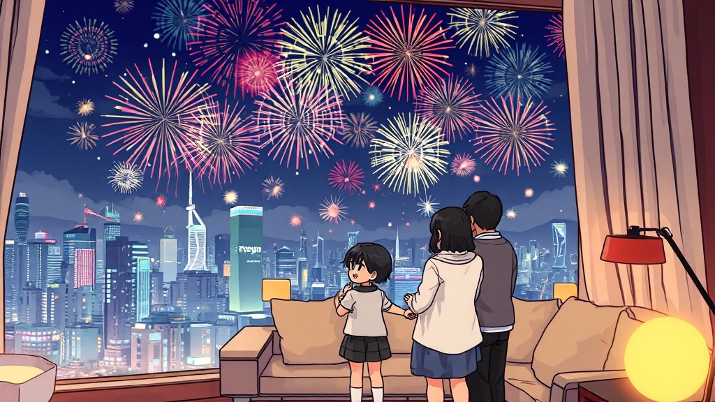 불꽃축제 호텔 뷰 예약 (cartoon 스타일)