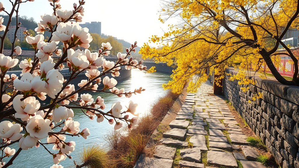 봄의 정취를 만끽할 수 있는 매화 & 산수유 마을 (realistic 스타일)