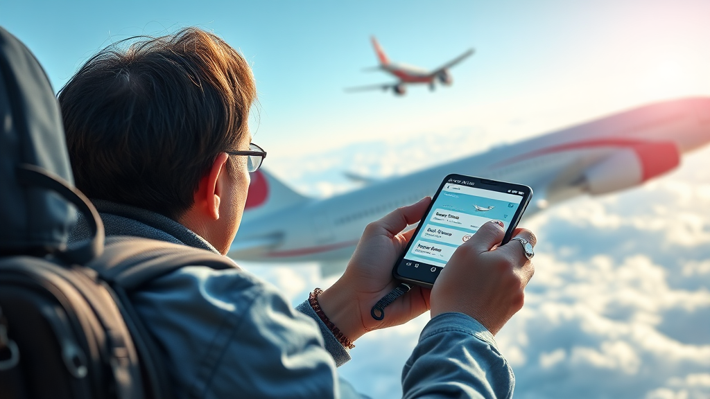 여행 중단 시 대체 항공편 확보 (realistic 스타일)