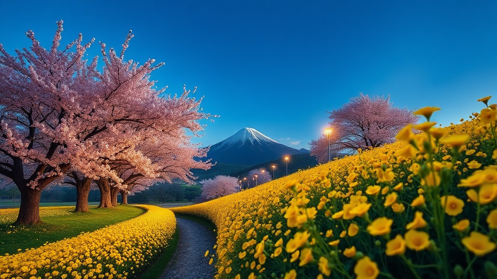 제주: 벚꽃과 유채꽃이 함께하는 봄의 향연 (realistic 스타일)