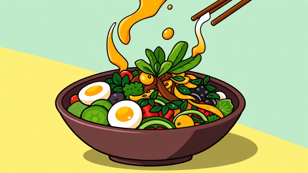 봄동 비빔밥 황금 양념장: 맛의 비결 공개 (cartoon 스타일)