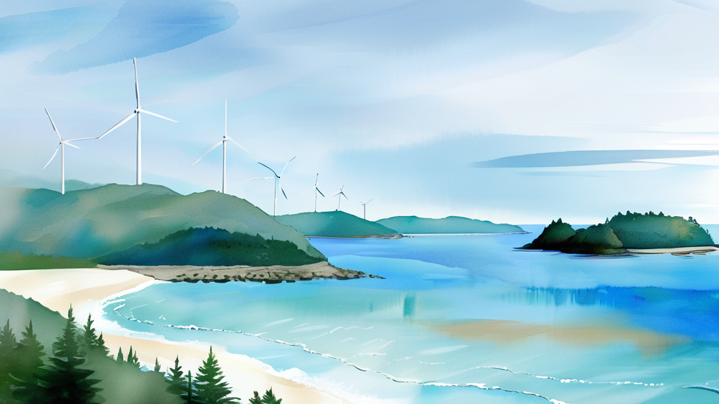 톱머리 해수욕장의 특별한 풍경과 시설 (watercolor 스타일)